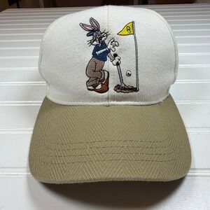 Vintage 1999 Warner Bros Bugs Bunny Golf Hat Tan White Leather Strapback Cap